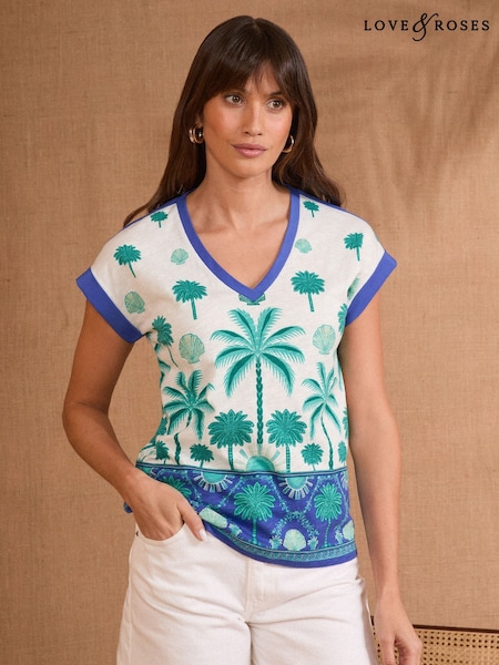 Albastru - Love & Roses Tropical Palm Print V-Neck Jersey T-Shirt (AW2585) | 194 LEI