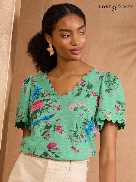 Verde cu flori - V&A | Love & Roses V-Neck 100% Cotton T-Shirt (AW2586) | 194 LEI