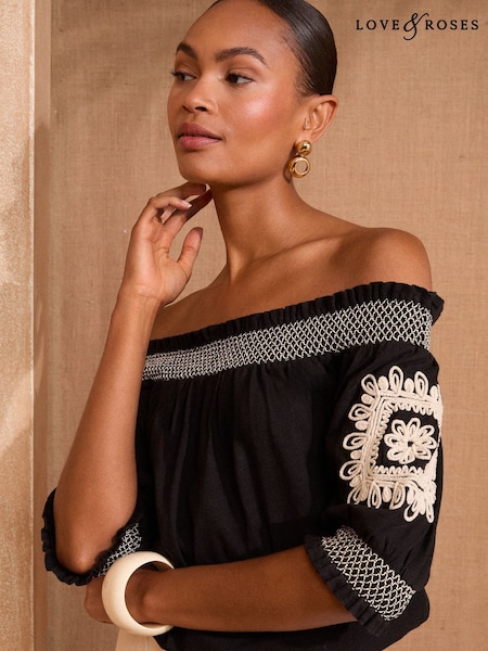 Love & Roses Black Floral Cornelli Embroidery Bardot Jersey Top (AW2588) | AZN 85