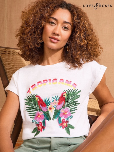 White Tropical Embroidered - Tricou Love & Roses Slogan 100% bumbac Jerseu (AW2591) | 194 LEI