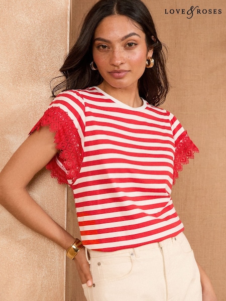 Alb și Roșu Dungă - Tricou Love & Roses cu mâneci din dantelă (AW2608) | 194 LEI