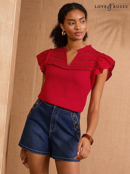 Love & Roses Red Flutter Sleeve Jersey 100% Cotton T-Shirt (AW2613) | €37
