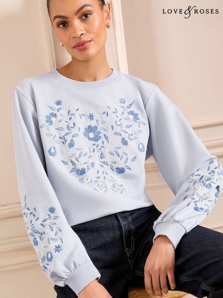 Albastru brodat - Love & Roses Jerseu blugi (AW2616) | 261 LEI