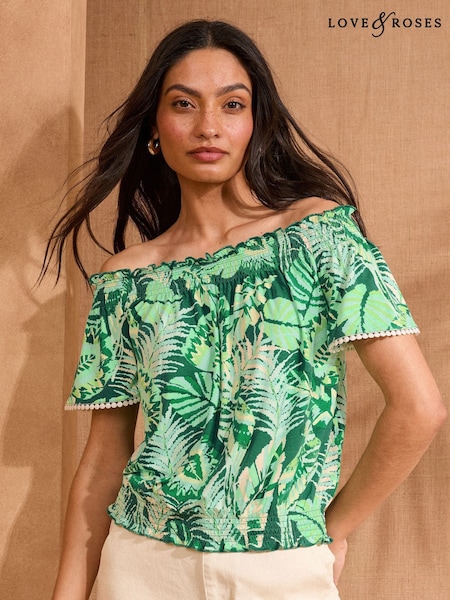 Love & Roses Green Tropical Print Bardot Jersey Top (AW2625) | €33