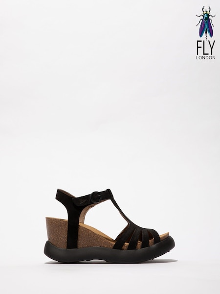 Fly London Gait Wedge Ankle Strap Black Sandals (AW2655) | €172