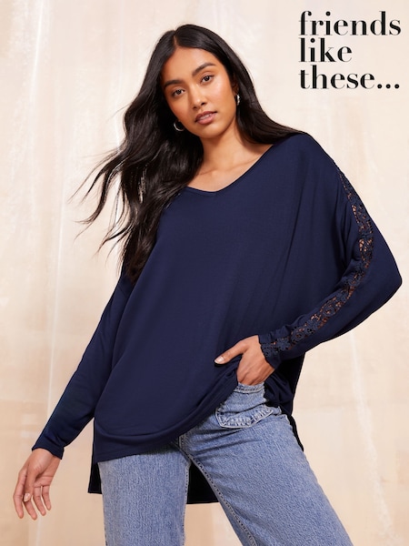 Friends Like These Navy Long Sleeve Crochet Trim Tunic (AW2747) | $50