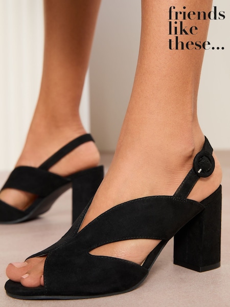 Negru - Friends Like These Mid Block tocuri Peeptoe Slingback Imitație piele întoarsă Sandale (AW2773) | 290 LEI