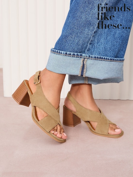 Friends Like These Neutral Standard Fit Mid Block Stacked Heel Cross Strap Faux Suede Sandals (AW2775) | SGD 75