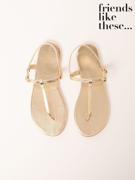Friends Like These Gold Wide Fit Toe Thong T Bar Faux Leather Flip Flop Sandals (AW2814) | €20
