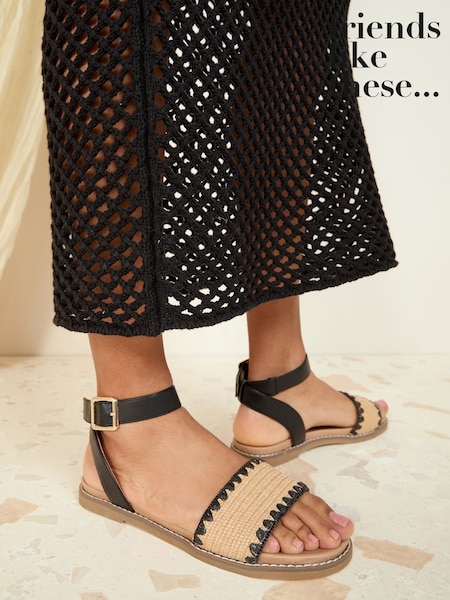Friends Like These Black Natural Raffia Comfort Faux Leather Strap Flat Sandals (AW2832) | €43