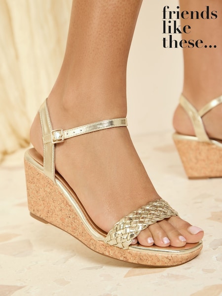 Friends Like These Gold Cork Wedges Faux Leather Sandals (AW2855) | 168 QAR