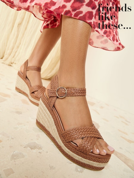 Friends Like These Brown Standard Fit Raffia Woven Strap Faux Leather Espadrille Wedge Sandals (AW2856) | €50