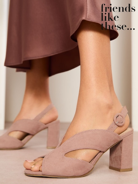 Friends Like These Nude Wide Fit Mid Block Heel Peeptoe Slingback Faux Suede Sandals (AW2864) | R$ 385