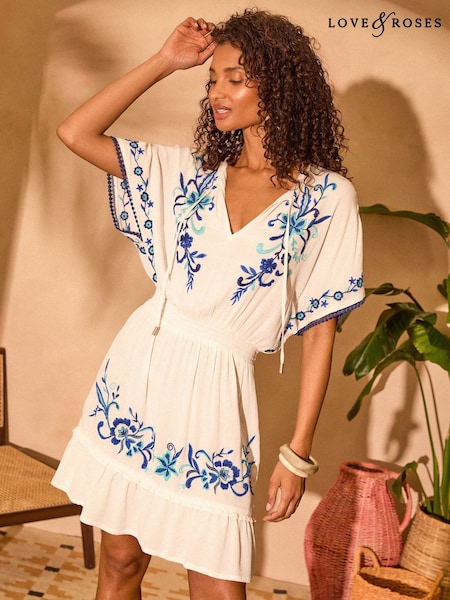 Love & Roses White Embroidred Shirred Waist Kaftan (AW2907) | $58