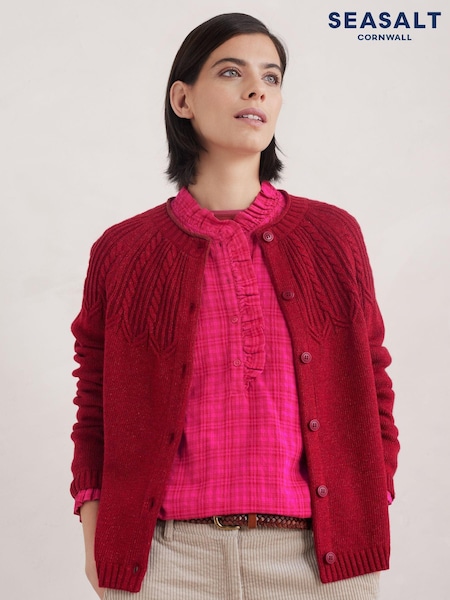 Roșu - Seasalt Cornwall Sand Song Cardigan cu cusături de cablu (AW2929) | 406 LEI