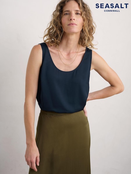 Seasalt Cornwall Blue Chess Flower Print Satin Vest (AW2958) | €30