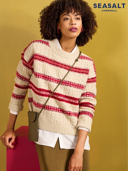 Seasalt Cornwall Shepherd Fairisle Pattern Cable Knit Jumper with Lambswool (AW2964) | 584 LEI