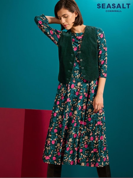 Seasalt Cornwall Green Wild Bouquet 3/4 Sleeve Midi Dress (AW2966) | €59