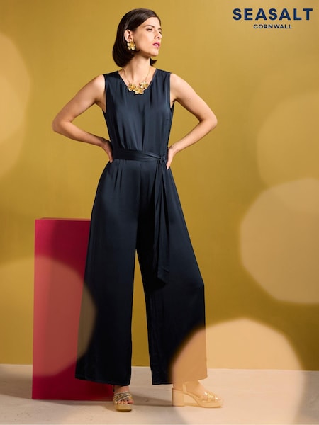 Seasalt Cornwall Blue Winter Honeysuckle Satin Sleeveless Jumpsuit (AW2967) | €57