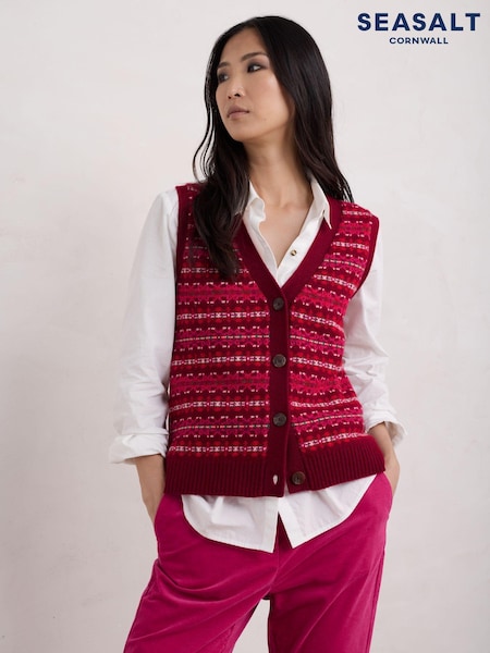 Seasalt Cornwall Red Multi Percella Cove Fairisle Pattern Waistcoat Vest (AW3012) | €59
