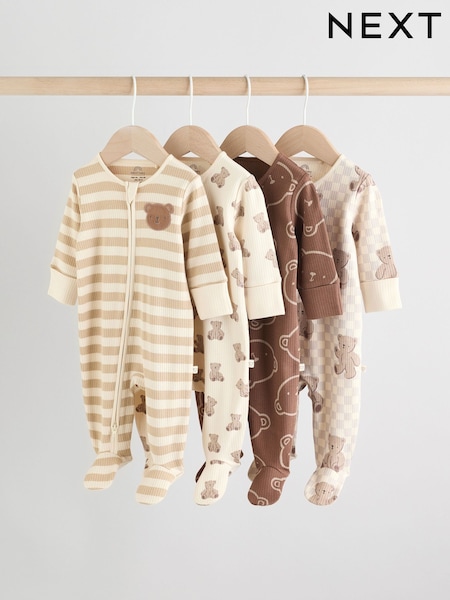 Brown Baby Bear Print Two Way Zip Sleepsuits 4 Pack (0mths-2yrs) (AW3055) | €33 - €35