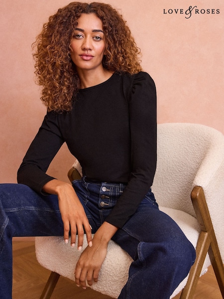 Love & Roses Black Puff Sleeve Jersey Long Sleeve Top (AW3128) | $29