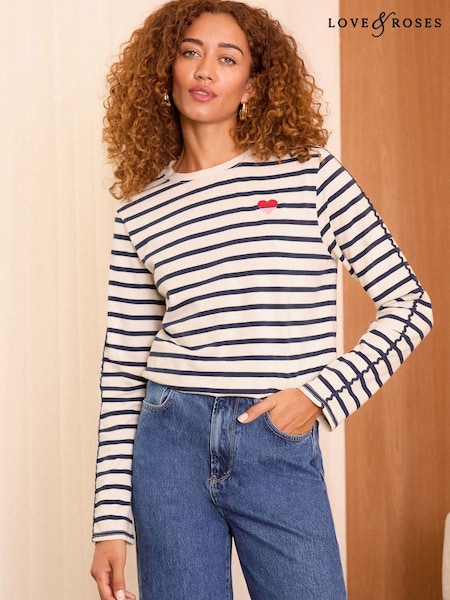 Love & Roses Navy and White Embroidered Stripe Jersey Long Sleeve 100% Cotton Top (AW3130) | 1,442 UAH