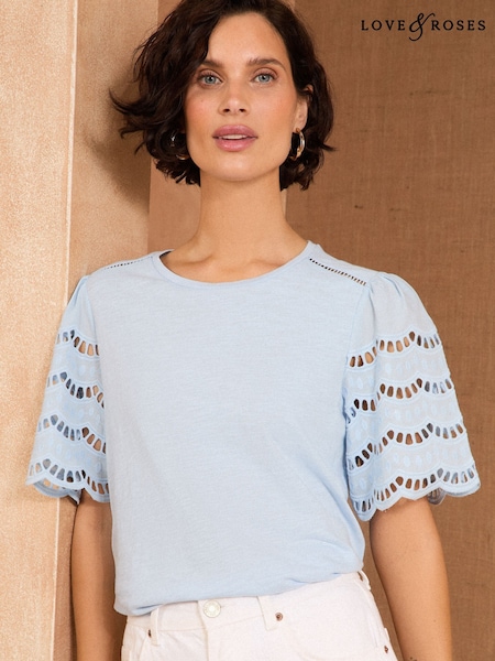 Albastru deschis - Tricou Love & Roses cu margini festonate la baza gâtului, 100% bumbac (AW3136) | 194 LEI