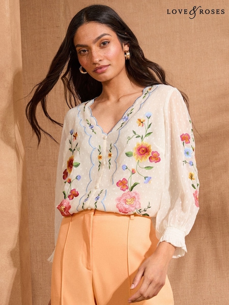 Love & Roses Ivory Embroidered Scallop Detail Long Sleeve Blouse (AW3137) | $79