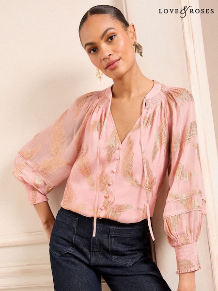Love & Roses Blush Feather Petite Metallic Shirred Cuff Blouse (AW3143) | 218 QAR