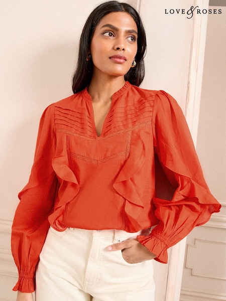 Portocaliu - Love & Roses Frill Detail V-Neck Long Sleeve 100% Cotton Blouse (AW3154) | 290 LEI