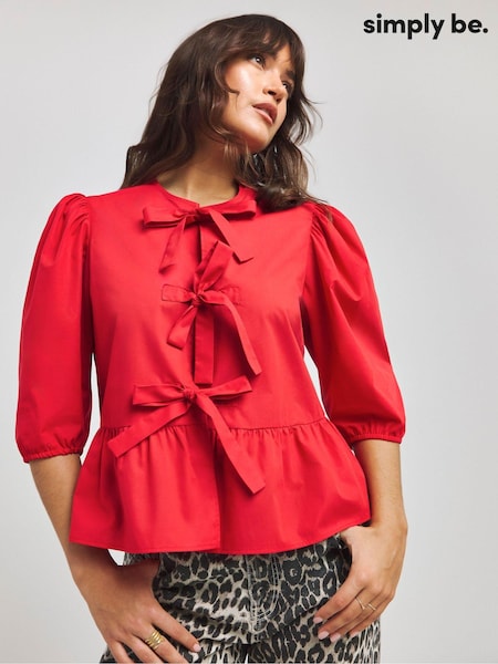 Simply Be Red Bow Front Puff Sleeve Smock Blouse (AW3216) | €43