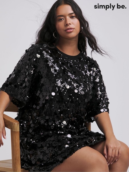 Simply Be Black Sequin T-Shirt Dress (AW3230) | €73