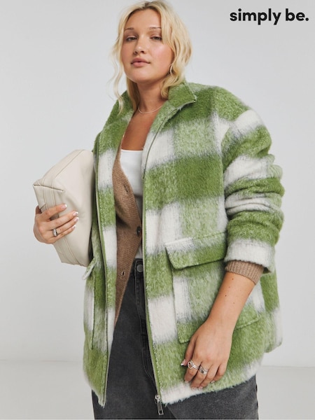 Simply Be Green Funnel Neck Brushed Checked Bomber Jacket (AW3236) | €93