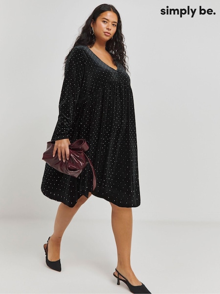 Черный - Simply Be Velour Hotfix Smock Dress (AW3245) | €24