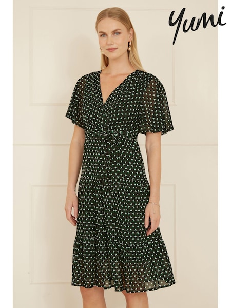 Yumi Black Dot Print Mesh Stretch Midi Skater Dress (AW3291) | 247 QAR