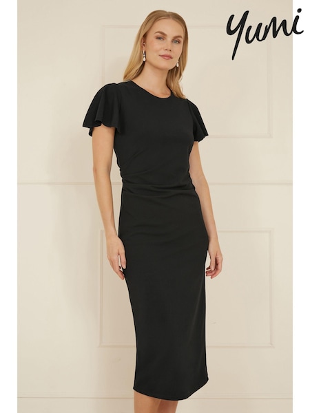 Yumi Black Ruched Waist Stretch Midi Dress (AW3297) | 297 QAR