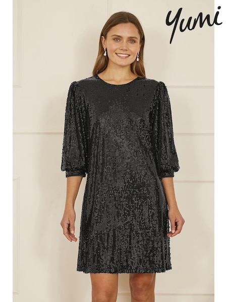 Yumi Black Sequin Tunic Dress With Balloon Sleeves (AW3305) | 322 QAR