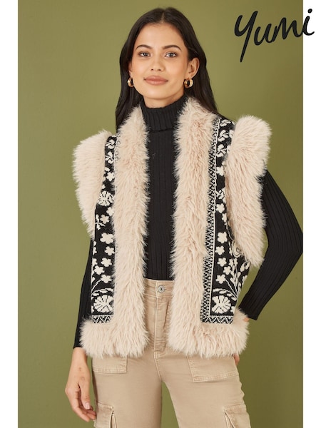 Yumi Knitted Folk Faux Fur Trimmed Gilet (AW3306) | €95