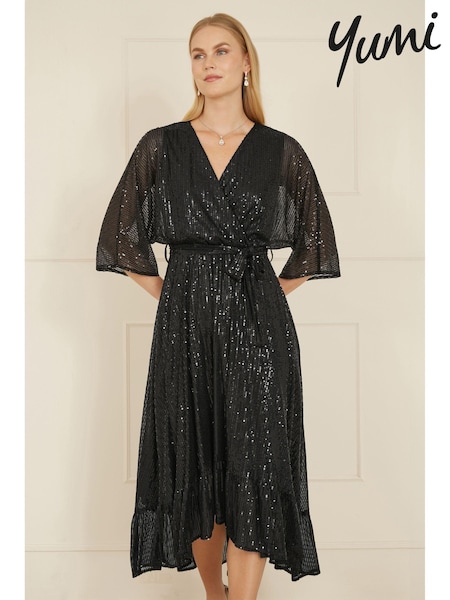 Yumi Black Sequin Kimono Midi Wrap Dress (AW3307) | $120