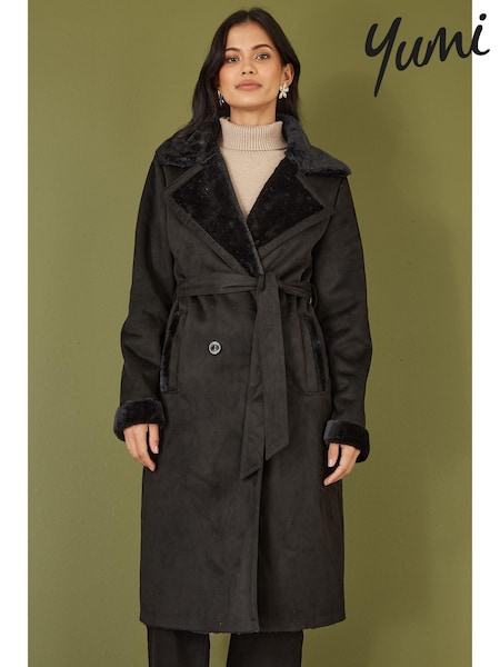 Yumi Black Trench Coat With Faux Fur Lining (AW3308) | ₪553