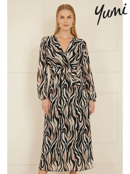 Yumi Black Animal Print Swirl Midi Wrap Dress (AW3309) | 297 QAR