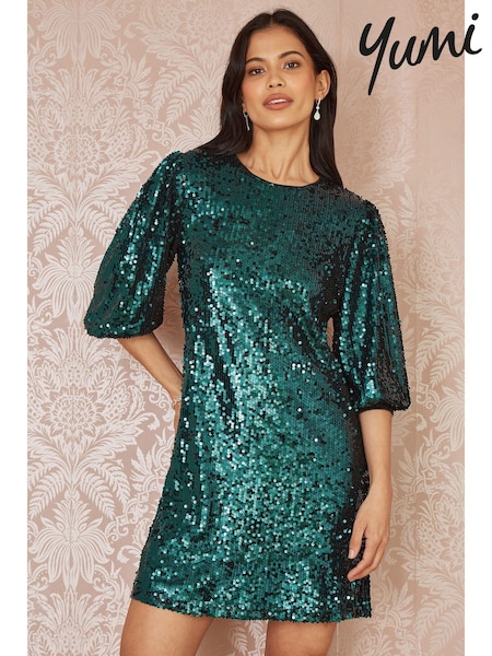 Yumi Green Sequin Tunic Dress With Balloon Sleeves (AW3317) | €93