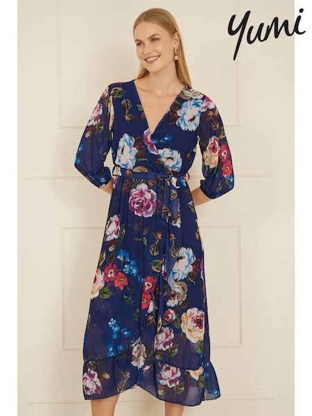 Yumi Watercolour Dip Hem Midi Wrap Dress (AW3318) | €86