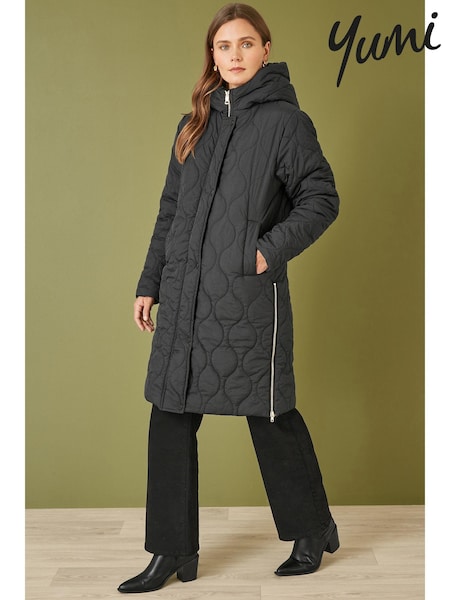 Yumi Black Padded Quilted Long Coat With Zip Detail And Hood (AW3319) | ₪453