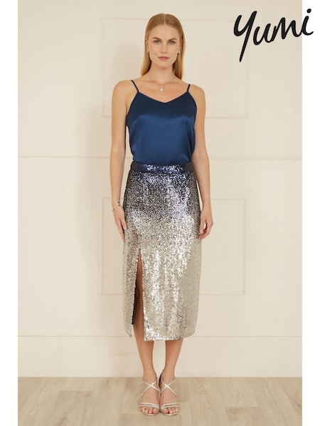 Yumi Blue Sequin Split Fitted Midi Skirt (AW3321) | AED320