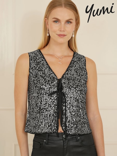Yumi Black Sequin Tie Front Waistcoat (AW3327) | €66