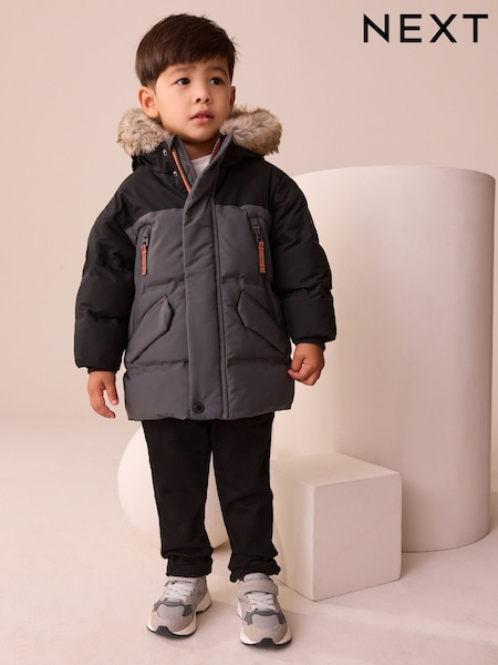 Black/Grey Waterproof Warm Padded Coat (12mths-10yrs) (AW3340) | 178 QAR - 198 QAR
