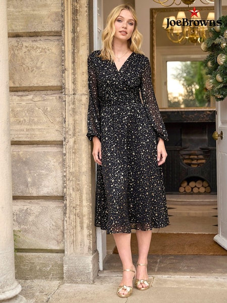Joe Browns Black Festive Star Print Wrap Front Midi Dress (AW3439) | 173 QAR