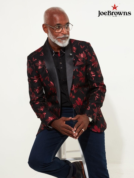 Joe Browns Black Poinsettia Print Shawl Collar Blazer with Satin Trims (AW3451) | 309 QAR